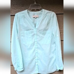 Loft Sheer Cotton Seafoam Green Long Sleeve Summer Blouse M casual chic
